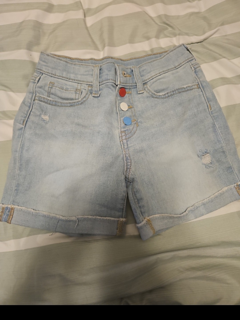 Old Navy Light Blue Denim Shorts with Red White Blue Button Detail